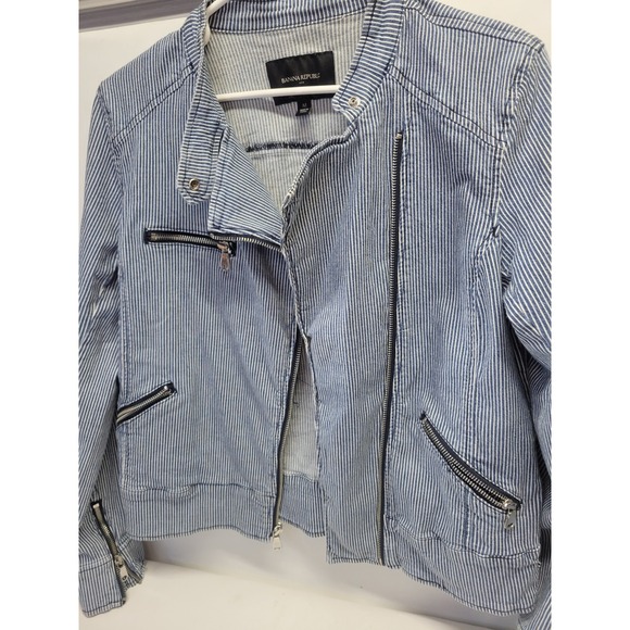 Vtg Banana Republic Women Blue Stripe Moto Jacket Size M Casual Layering Fashion - Picture 9 of 10